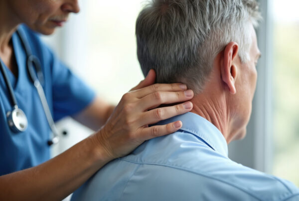 Doctor performs neck adjustment on patient. Hands gently manipulate back of head. Senior man receives physical therapy for pain relief. Health care provider helps improve, posture and mobility.