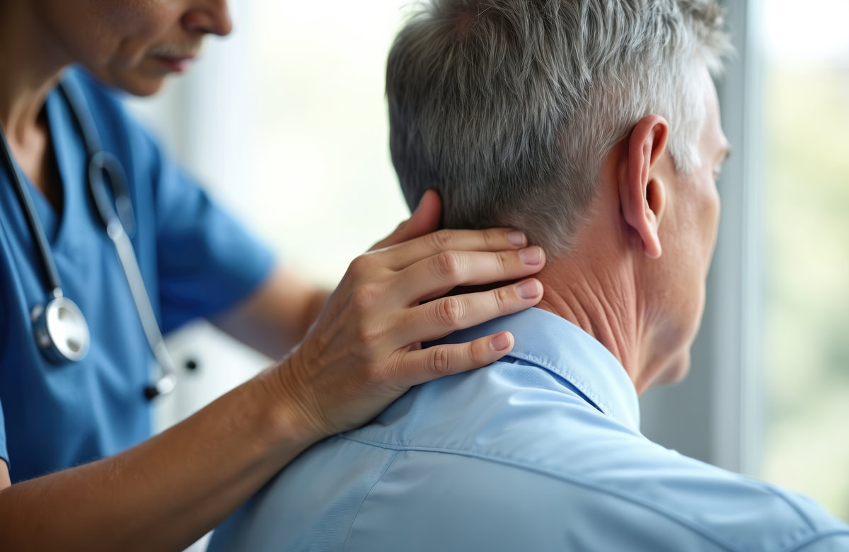 Doctor performs neck adjustment on patient. Hands gently manipulate back of head. Senior man receives physical therapy for pain relief. Health care provider helps improve, posture and mobility.