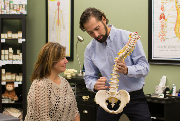 The chiropractor shows the client a model of the spine.