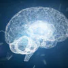 Abstract medical blue glow brain wireframe network and connecting dot in space background. Futuristics science and medical technology concept. Abstract human body part system concept. 3D illustration