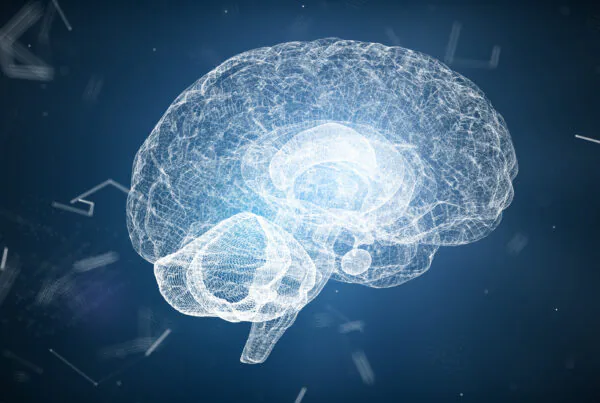 Abstract medical blue glow brain wireframe network and connecting dot in space background. Futuristics science and medical technology concept. Abstract human body part system concept. 3D illustration