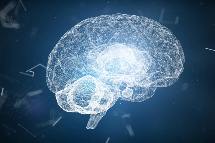 Abstract medical blue glow brain wireframe network and connecting dot in space background. Futuristics science and medical technology concept. Abstract human body part system concept. 3D illustration
