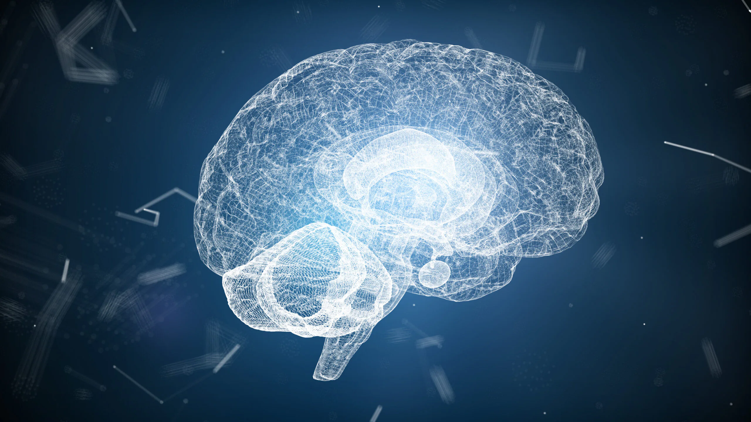Abstract medical blue glow brain wireframe network and connecting dot in space background. Futuristics science and medical technology concept. Abstract human body part system concept. 3D illustration